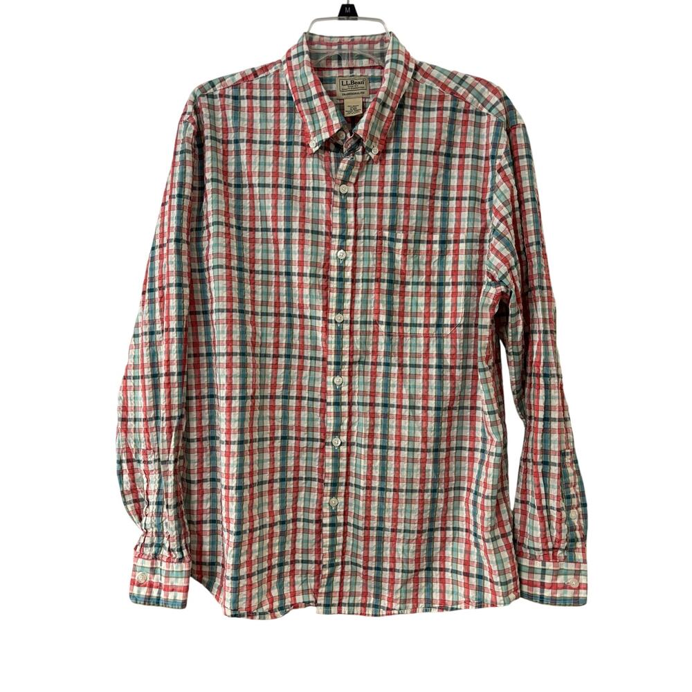 LL Bean Mens M Organic Cotton Seersucker Plaid Shirt Traditional Fit Long Sleeve